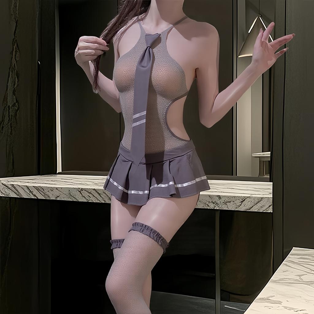 Sex underwear sexy pure desire sweet cool school girl net dress set student uniform stockings integrated skirt splicing net coat