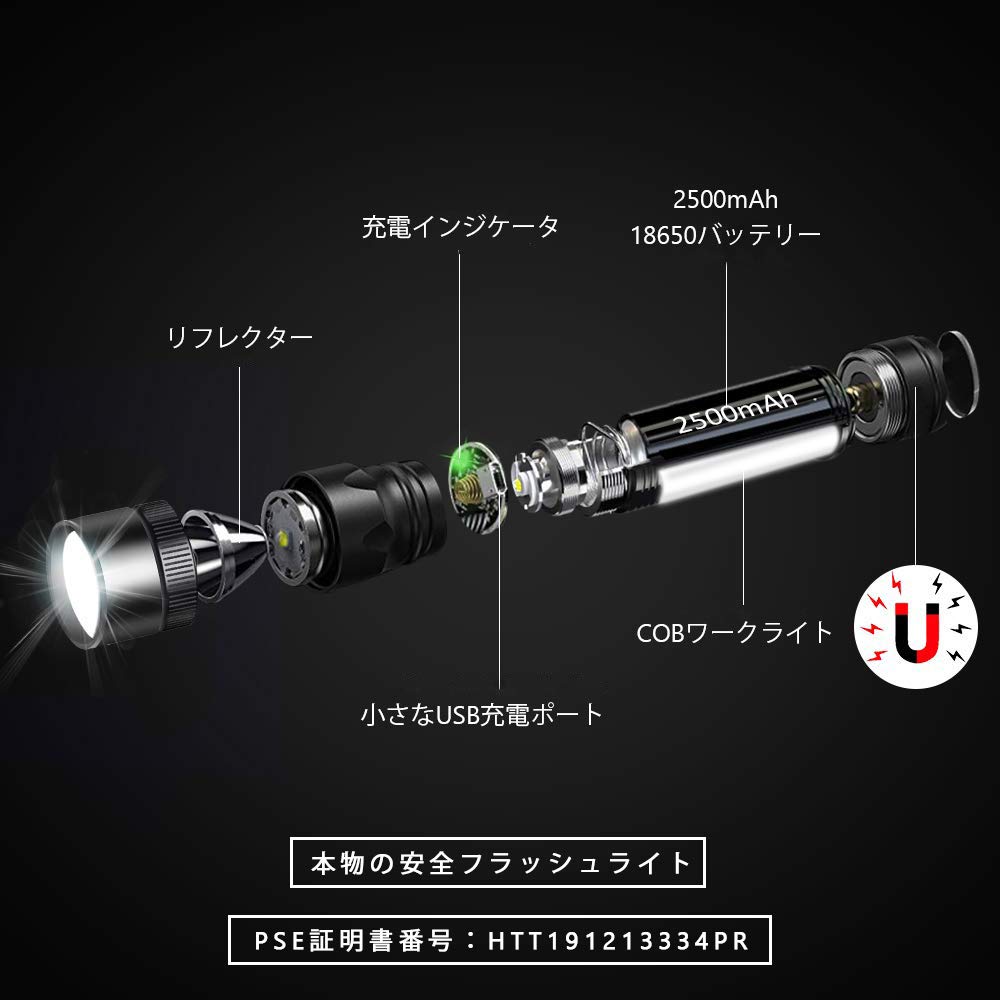 LED handheld USB rechargeable 18650 hours of practical tail COB work Ideal for power disaster and crime of Ultra-bright 1600-lumen flashlight,