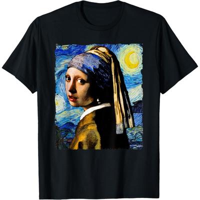 Starry Night and Girl With a Pearl Earring Van Gogh Art T-Shirt