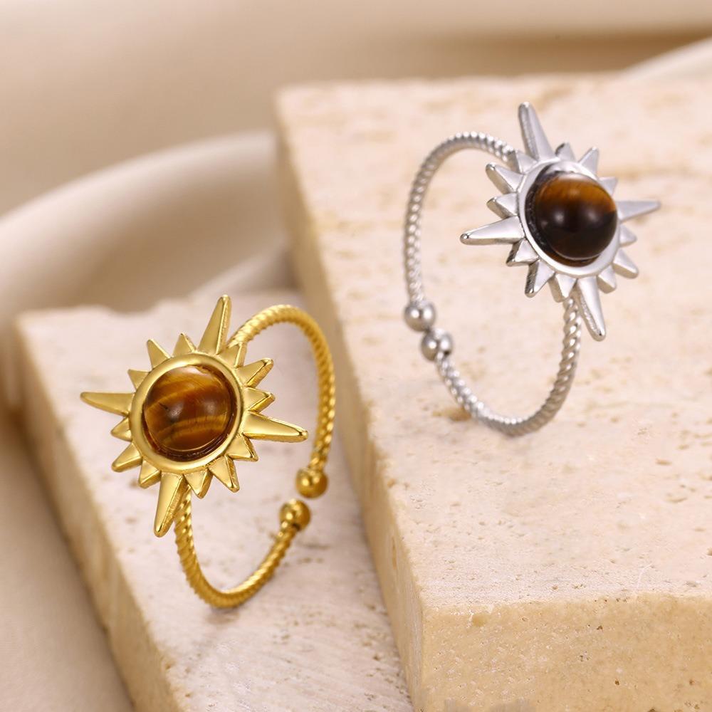 Retro Temperament Stainless Steel Gold Color Sun Flowers Adjustable Opening Rings for Women Finger Charm Jewelry Accessory Gift