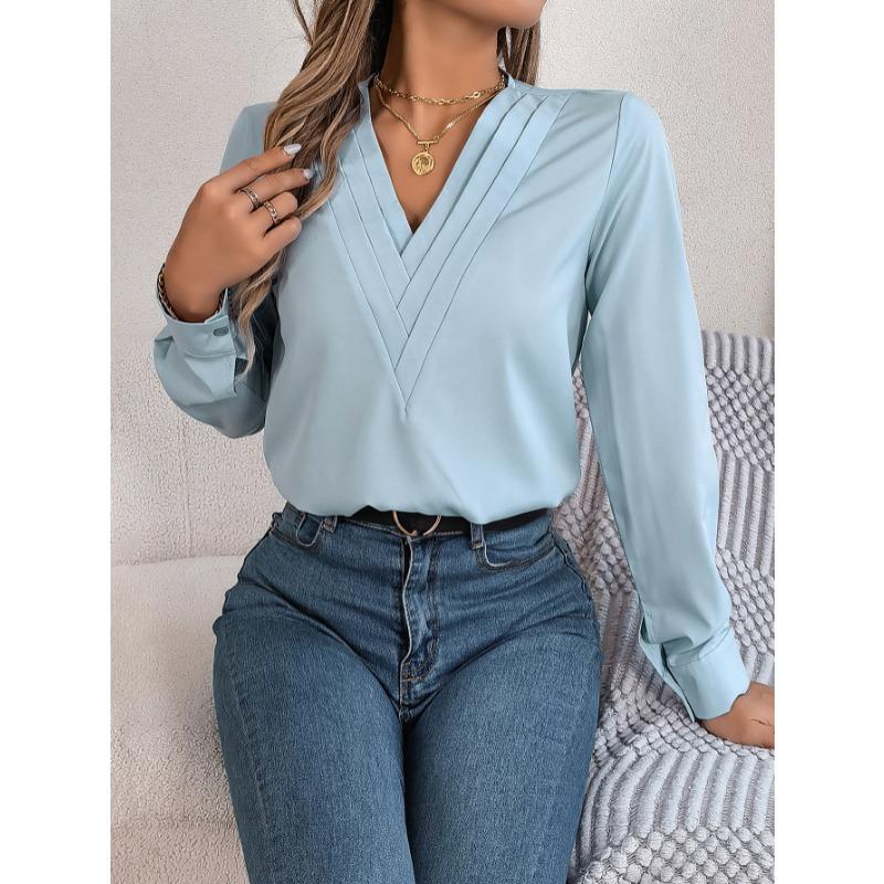 Elegant Fashion Layered V-neck Long Sleeved Women Shirt Solid Color Loose Casual Simple Office Blouse Ladies Basic Spring Autumn Tops Women's Clothing