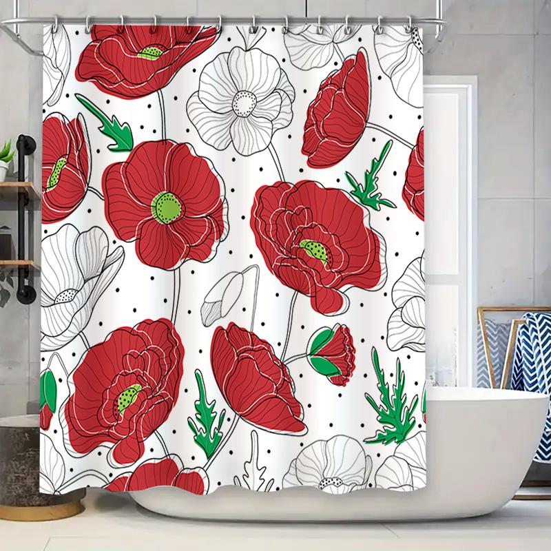 

Waterproof Bath Curtains with Floral Print featuring Red Poppies and Green Leaves Decorative Shower Liners for Bathroom Decorati 90x180cm