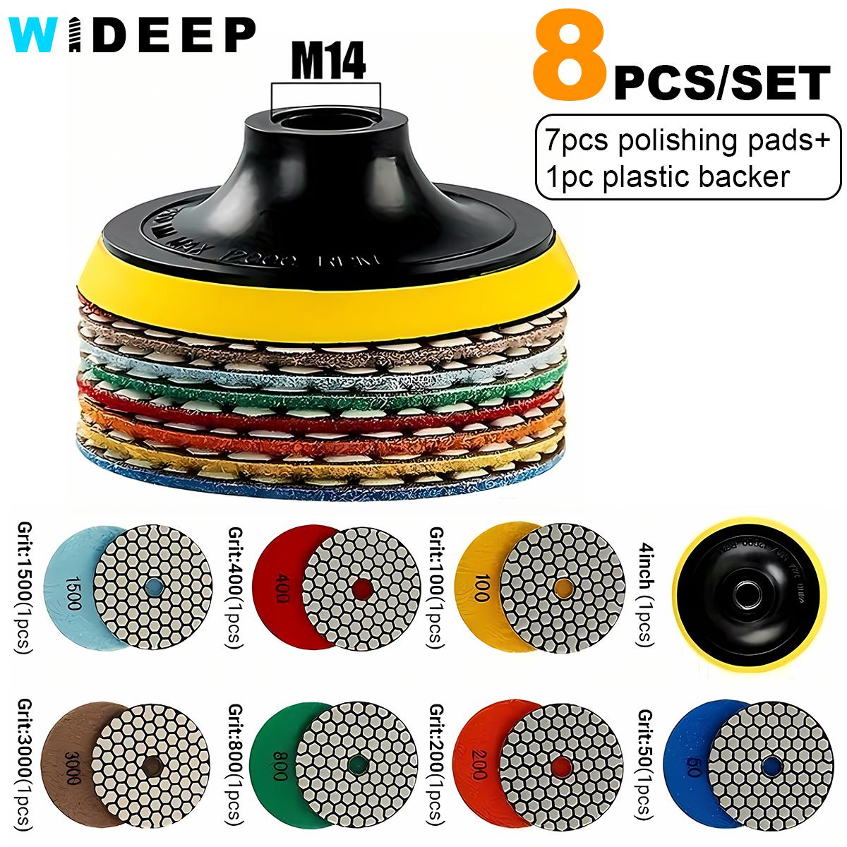 

4inch 8pcs Diamond Polishing Pad Set, Dry Sanding Disc for Granite, Marble, Microcrystalline Glass, Countertops, Concrete