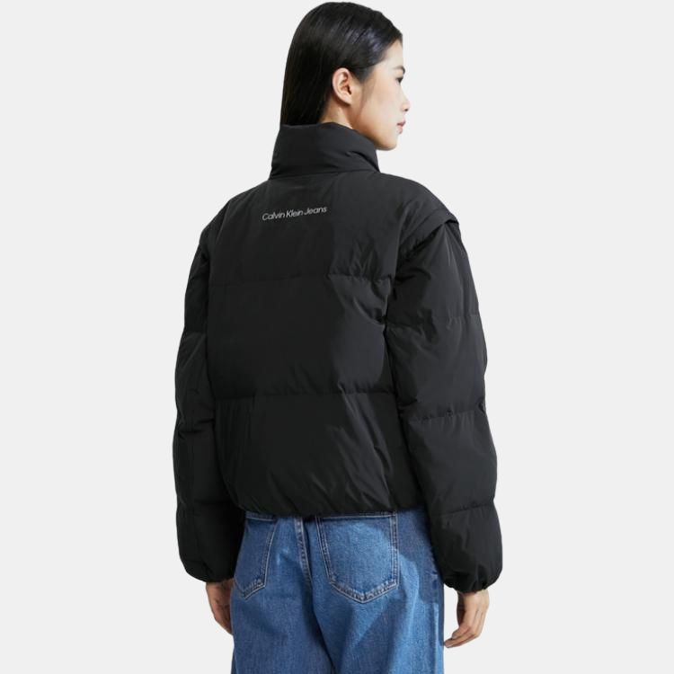 Calvin Klein Autumn Winter Letter Print Stand Collar Long Sleeve Jacket Cotton Coat Women Jackets Space-Black J222320BEH