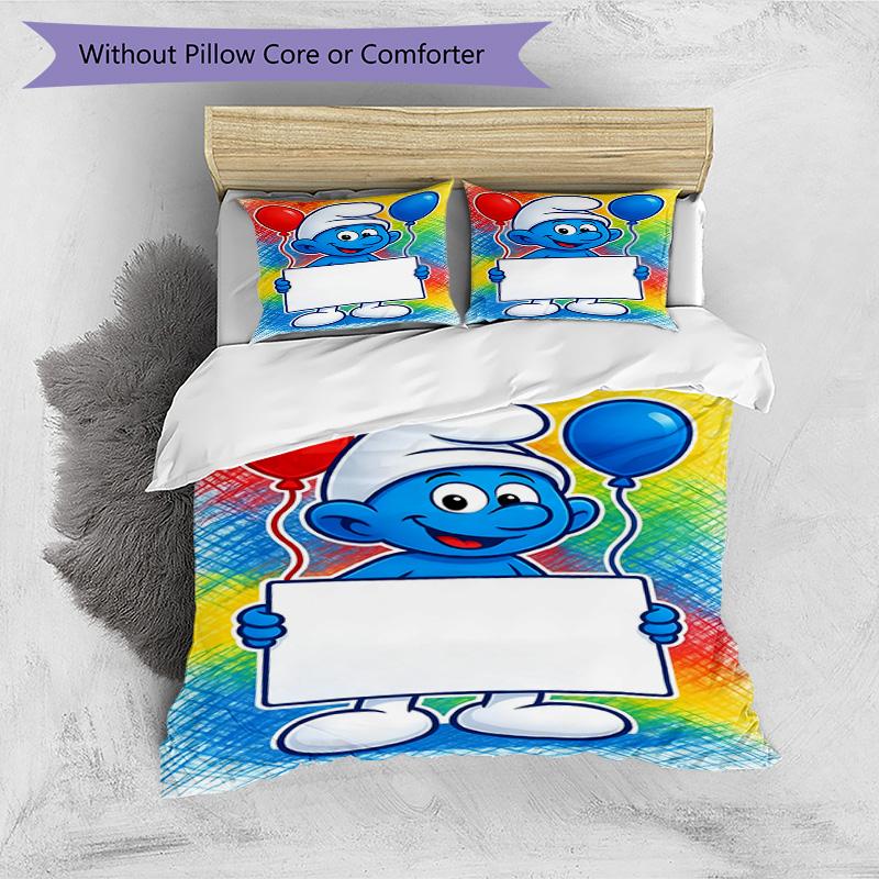 3pcs Duvet Cover Set (1*Duvet Cover + 2*Pillowcase, Without Core), Blue Smurfs Print Bedding Set, Bedroom Decor, All‑Season, Birthday Gift