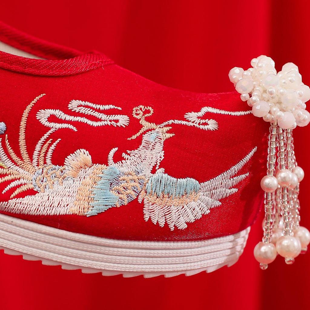 Xiuhua Women's Pearl Tassel High Heels - Ancient Style Pointed Toe Wedding Shoes for Bride, Hanfu Toasting Shoes
