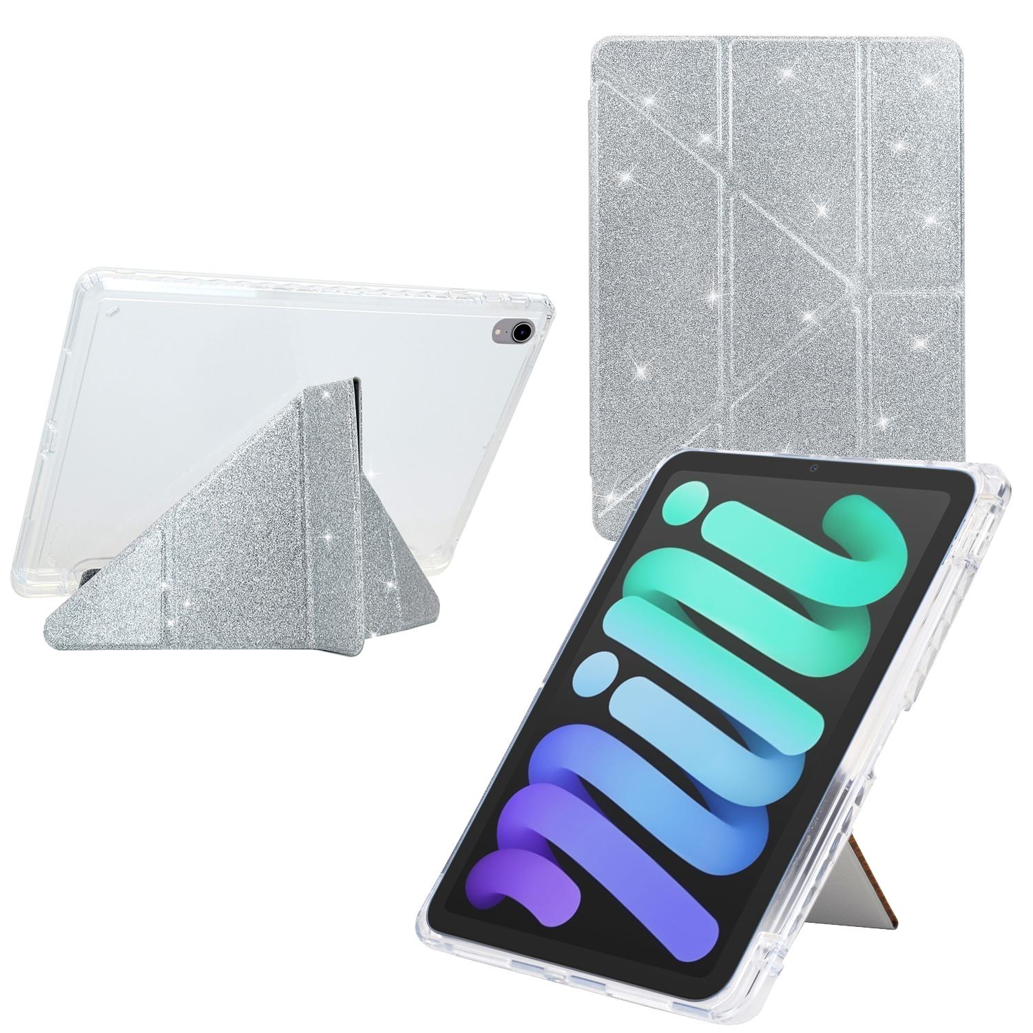

For iPad mini (2024)/(2021) Case Y-Fold Stand Glitter Leather TPU Acrylic Clear Tablet Cover Silver