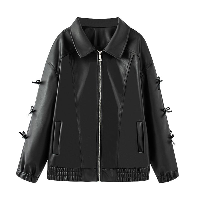 

Zhao Jinmai Same Style American Cool Street Retro Style Three-Dimensional Bow Decorative PU Leather Coat Overfit jacket Outerwear Black Bows L