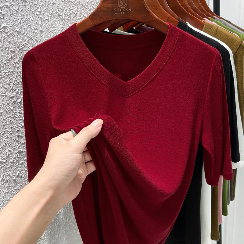 Modal-Baumwoll-Schulter-T-Shirt Damen Herbst neu einfach vielseitig Kragen T-Shirt Damen mittellangarm Dreiviertelarm Oberteil