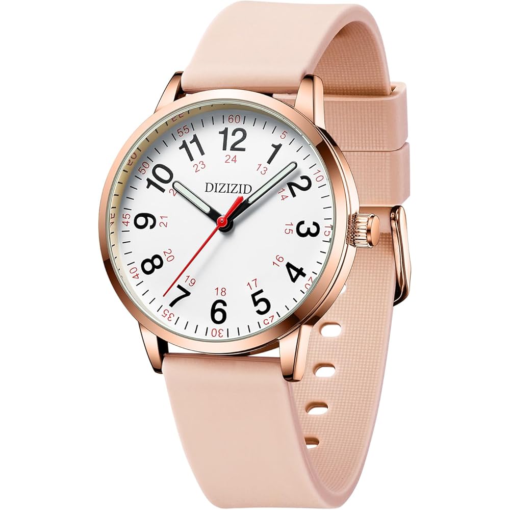 

DIZIZID Analog Nurse Watch Waterproof Luminous Easy-to-Read Dial Silicone Strap Unisex Pink