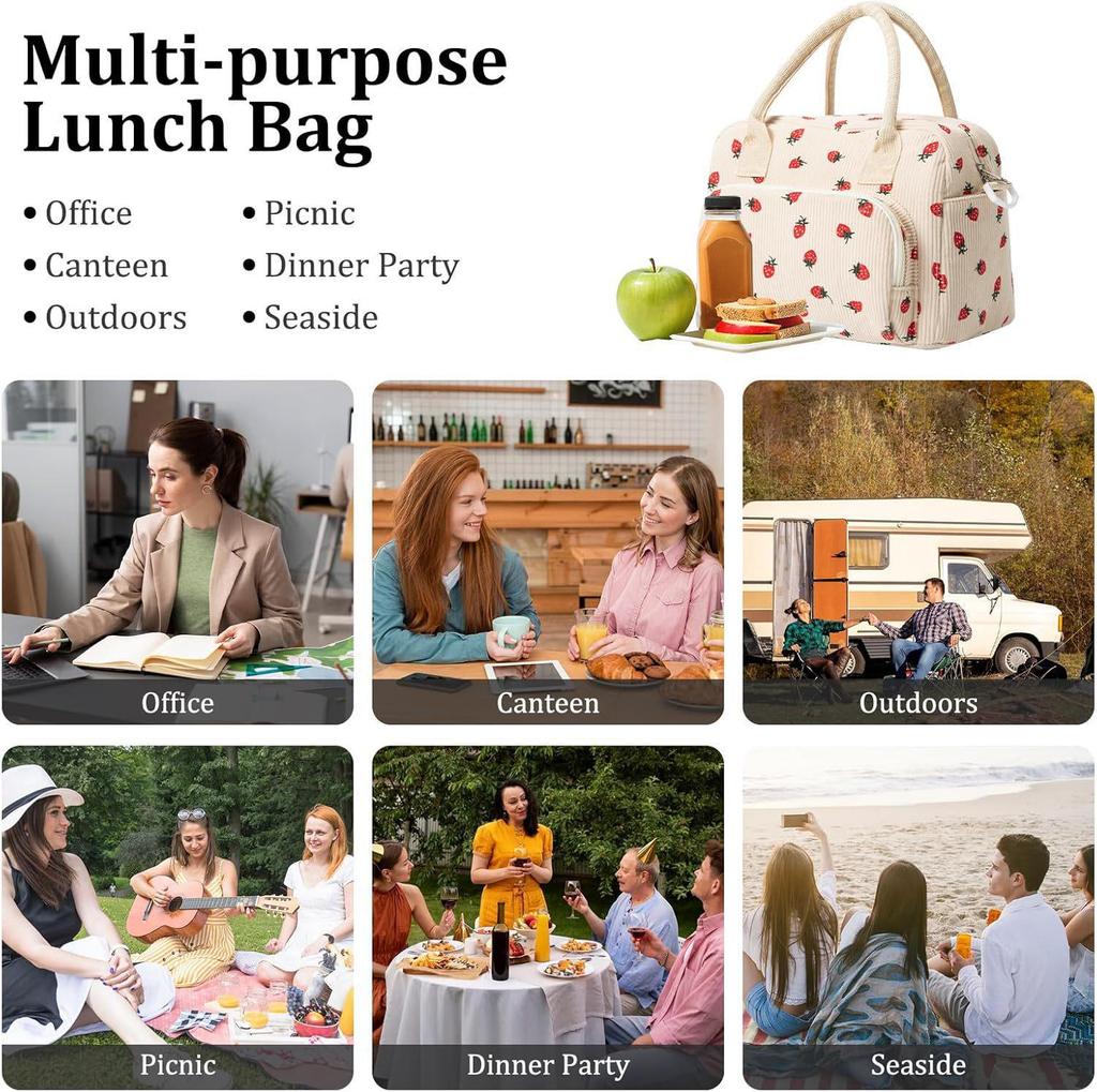 Corduroy Strawberry Print Insulated Lunch Bag for Office and Picnic