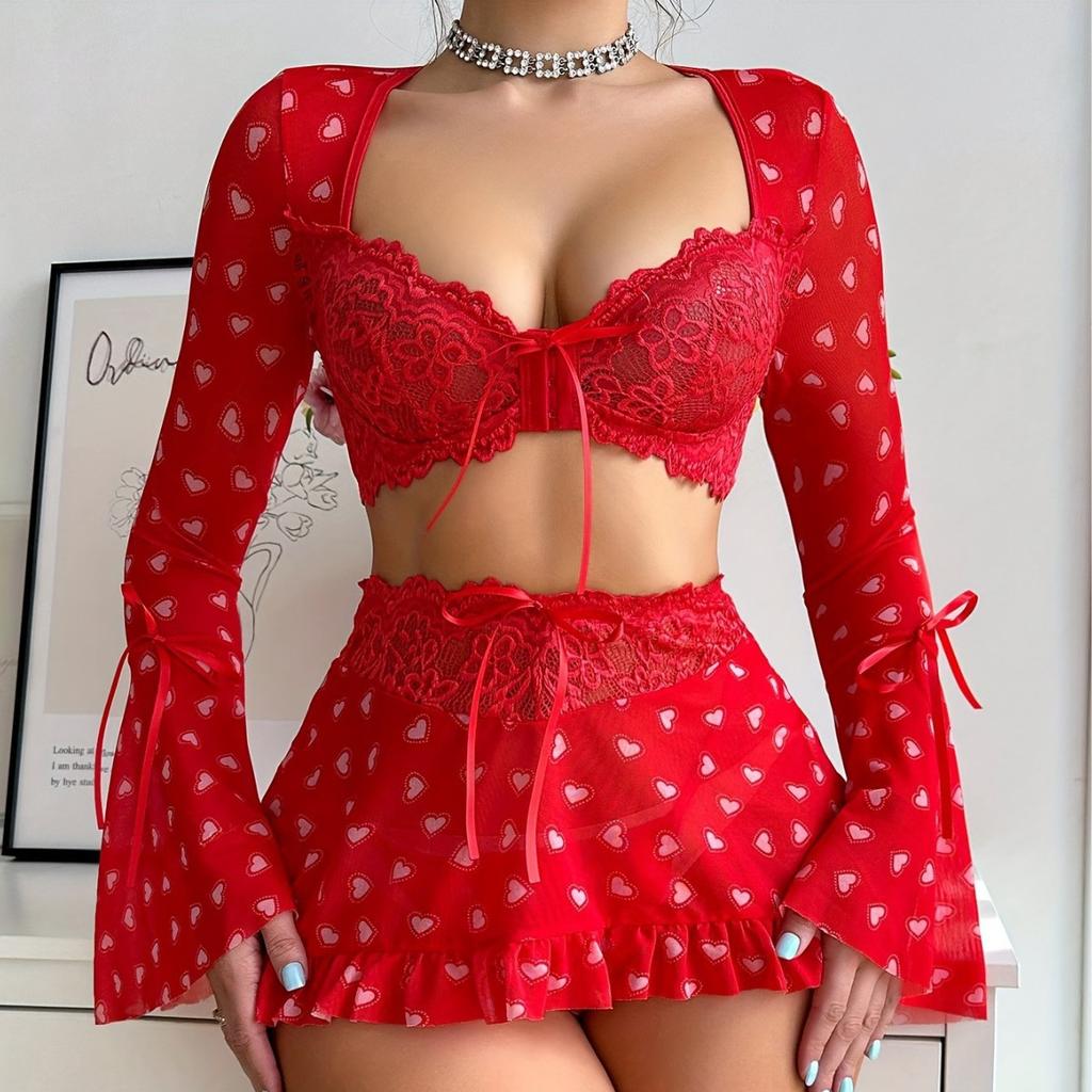 Weitärmelige Pyjama-Netz-Spitzen-Transparenz-Sex-Unterwäsche-Nachthemd-Anzug Damen