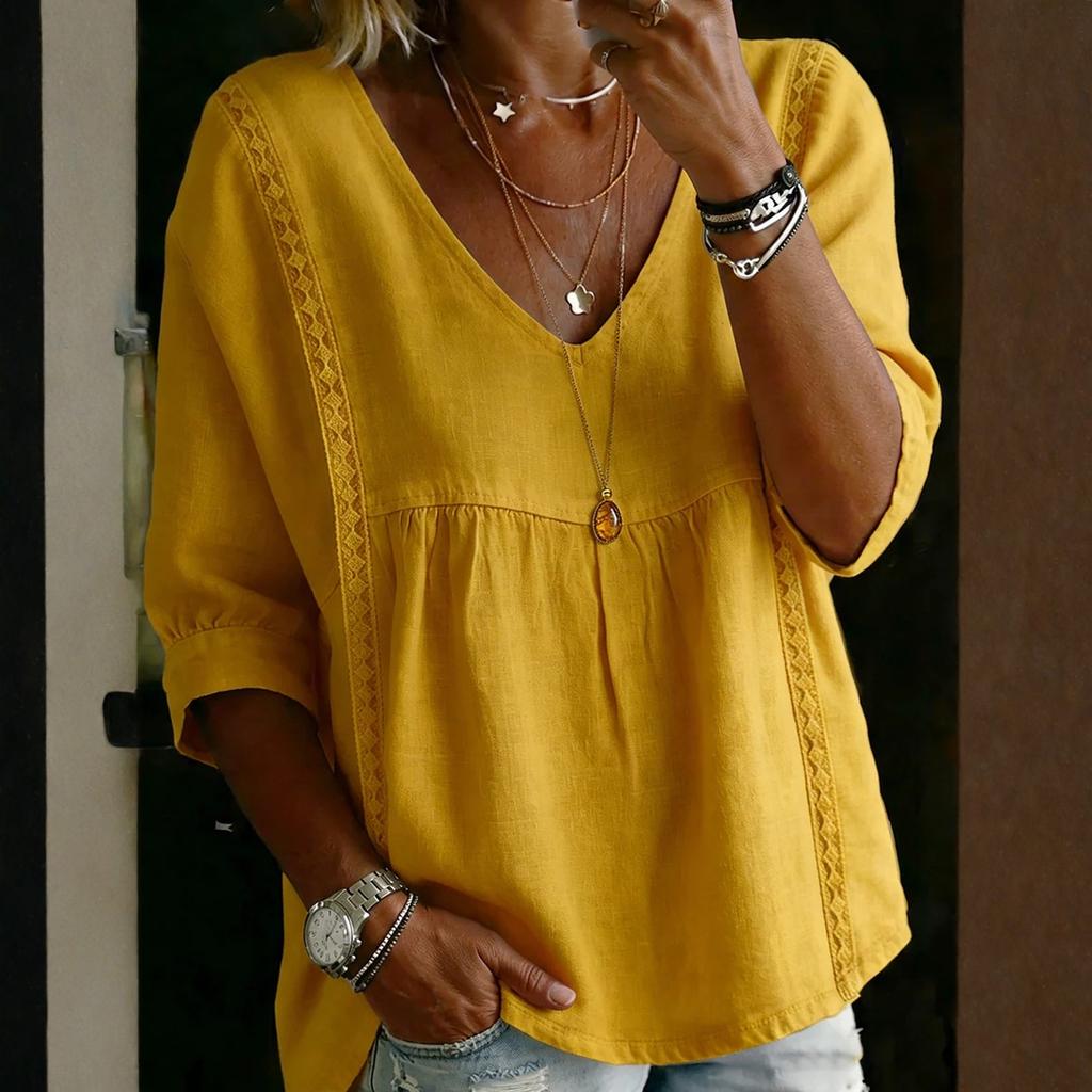 Women's Fashionable Casual Lace V-Neck Pullover, Loose-Fit Top