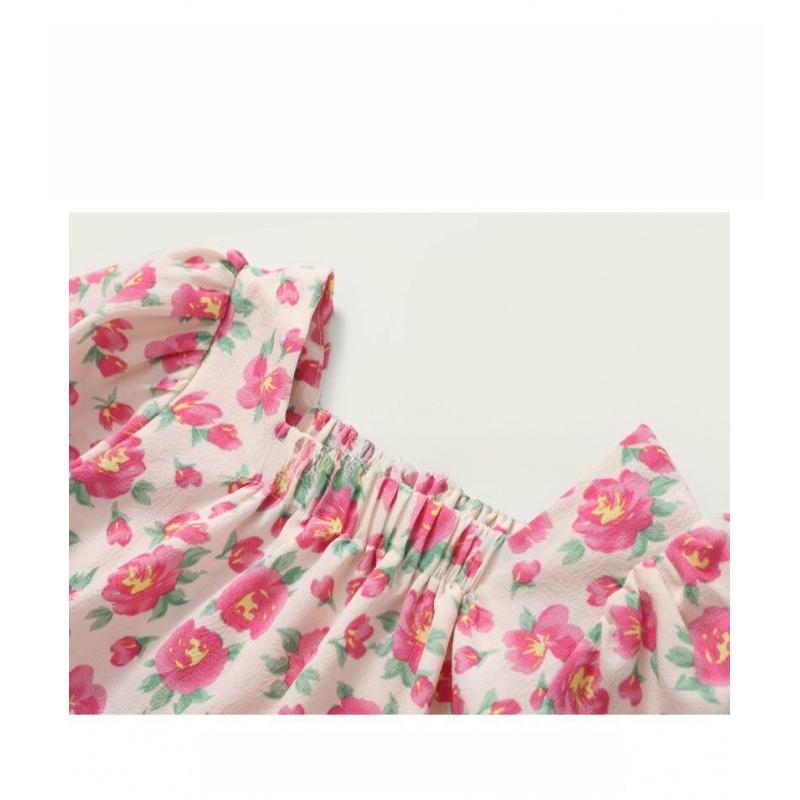 New Stylish Summer Outfit For Girls: Short-Sleeved Floral Dress With Square Collar For Little Girls And Toddlers Casual And Fashionable