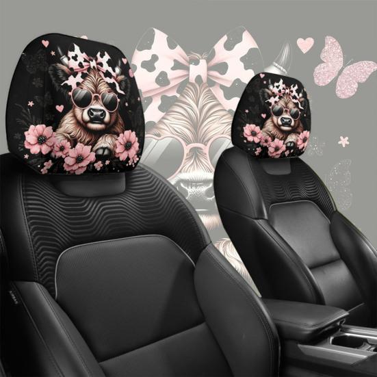 Car Headrest Covers 2Pcs Cute Calf with Pink Flowers, Breathable Auto Decoration for Girls Seat Protectors, Stretchy Universal Interior Accessories