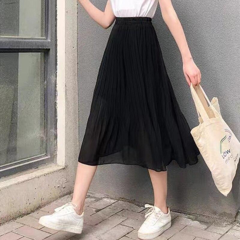 Jaro Léto Dámské Sukně Móda Dámské Jednobarevné Vintage Elastické Vysoký pas Volné Ležérní Midi Šifonové Sukně Skládaná sukně