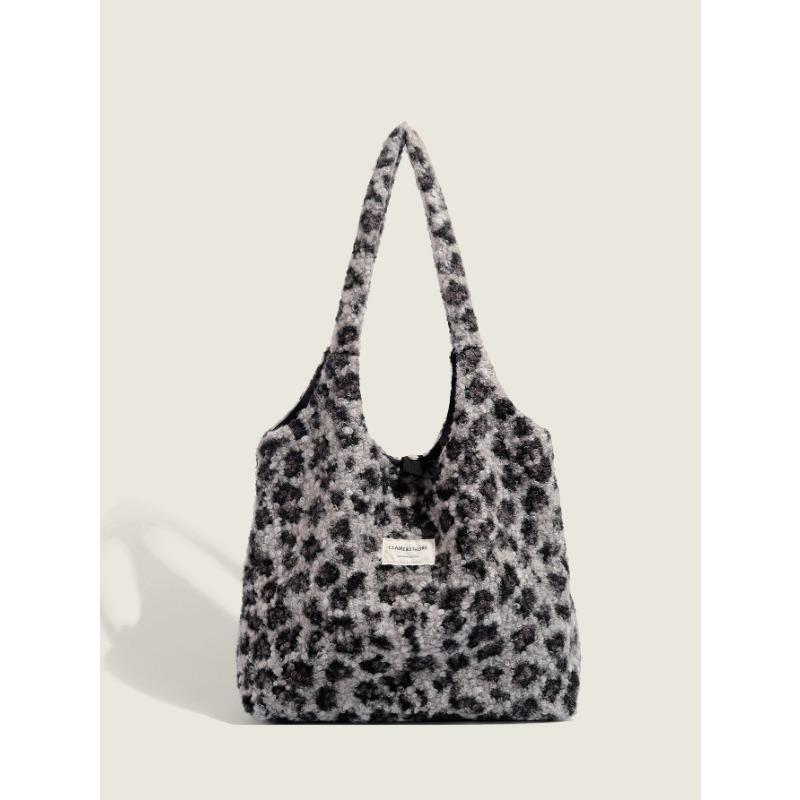 Leopard Print Fur Bag Women's New Winter College Style Tote Bag Large Capacity Japanese Single-shoulder Plush Bag
