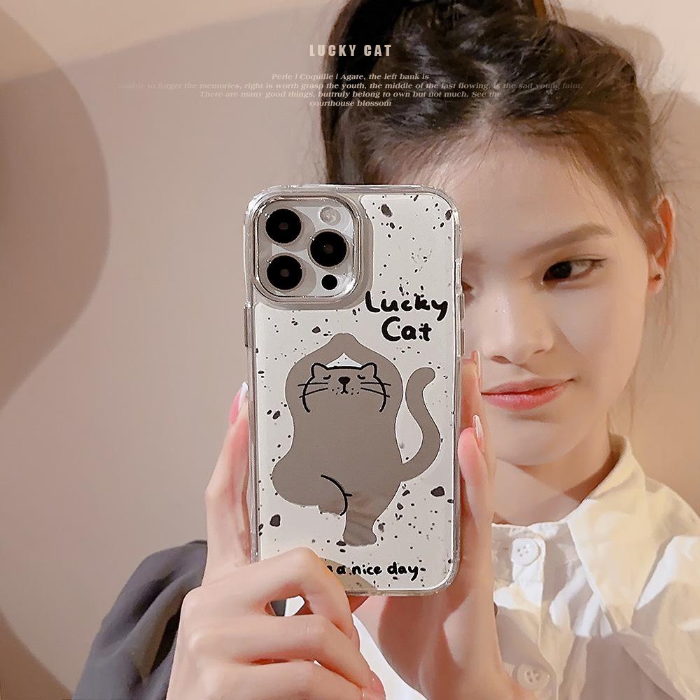 

Yoga Cat Cartoon Mirror Phone Case for iPhone 15 Pro Max, 13, and 11 14 Pro