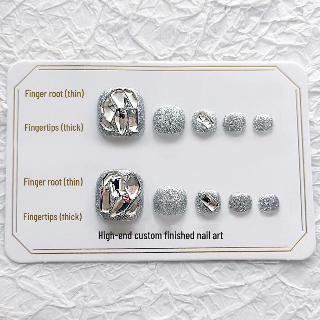 J72 Silver Diamond Toenail Art Gel Stickers - Flashy Handmade Wearable Fake Toenail Patches