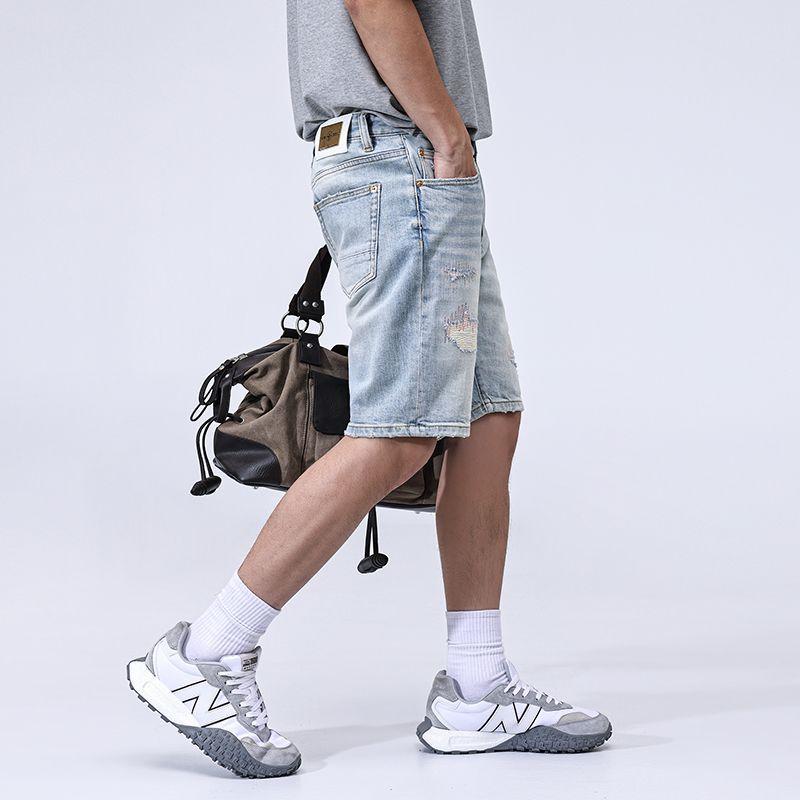 New Summer Light-colored Denim Shorts Men's Slim Straight Mid-tie Ripped Five-point Pants