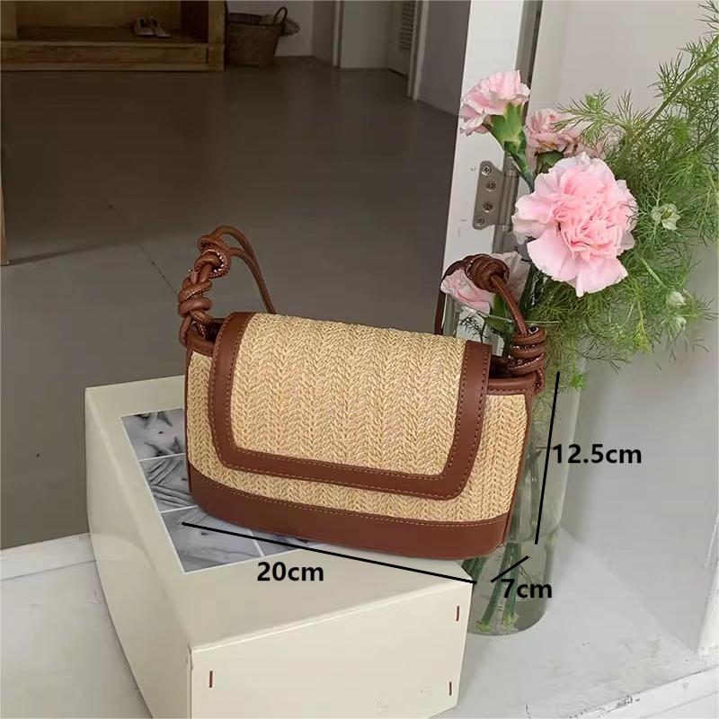 Genți de umăr casual împletite din paie pentru femei, genți crossbody de plajă pentru vacanța de vară, genți de mână cu clapetă la modă pentru doamne, Nou