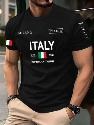 European and American Men's Summer Milan Letter Print Soft and Breathable Round Neck T-shirt Outdoor Urban Casual Top