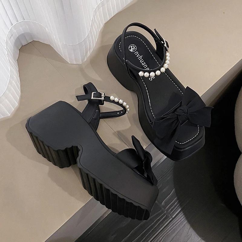 Korean Version Bowknot Margarite Thick Bottom Roman Sandals 2024 New Fashion Casual All-match Solid Color Heels Women Summertime