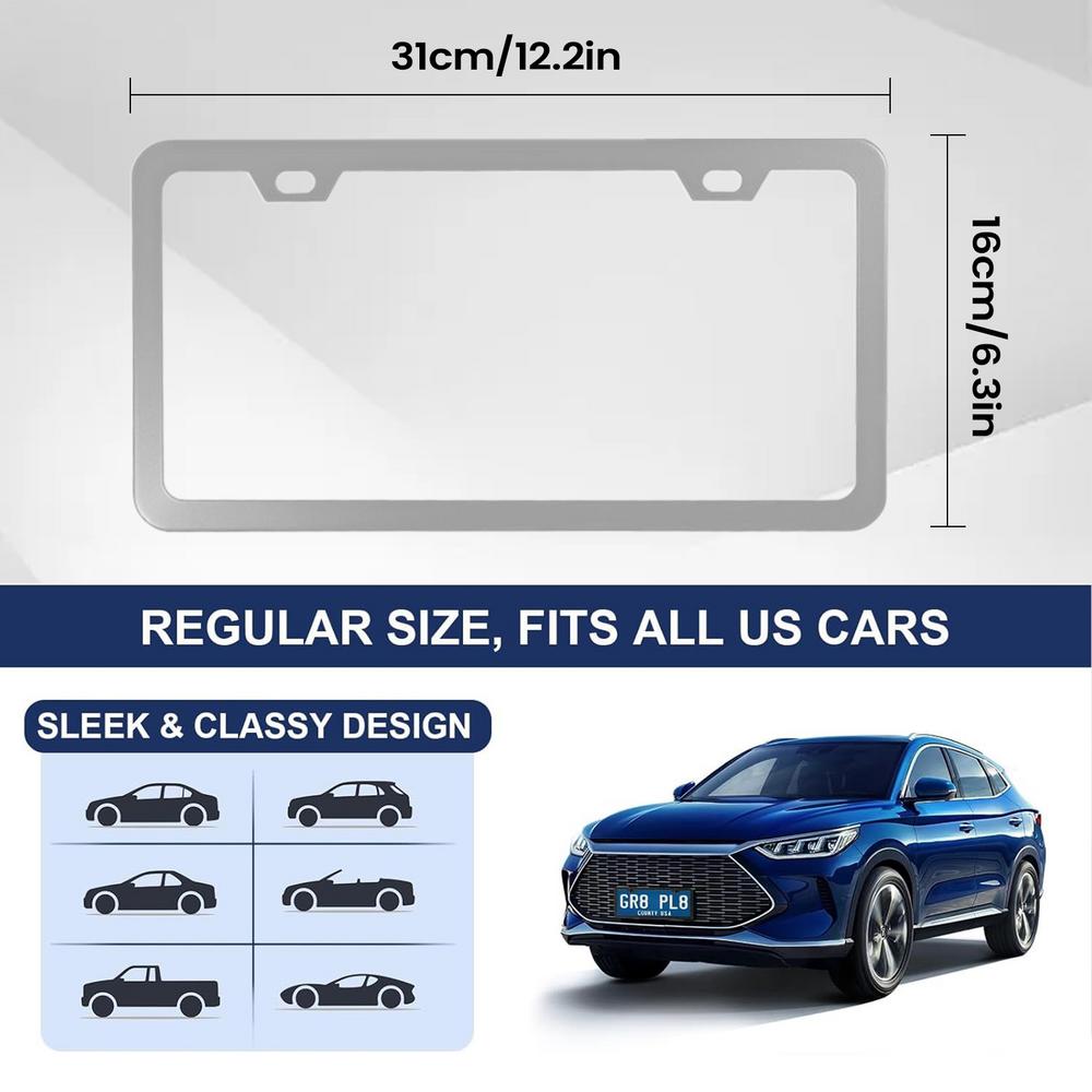 

2pcs Black License Plate Frame Stainless Steel License Plate Bracket With Screw Cap 2-hole Front Rear License Plate Frames срібний