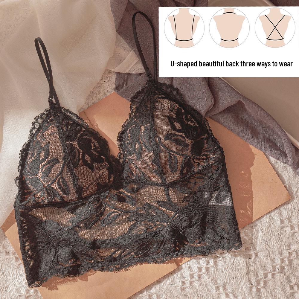Lace Wire-Free Triangle Cup Bra & Panty Set with Strappy Design and Chest Pads for Small Busts