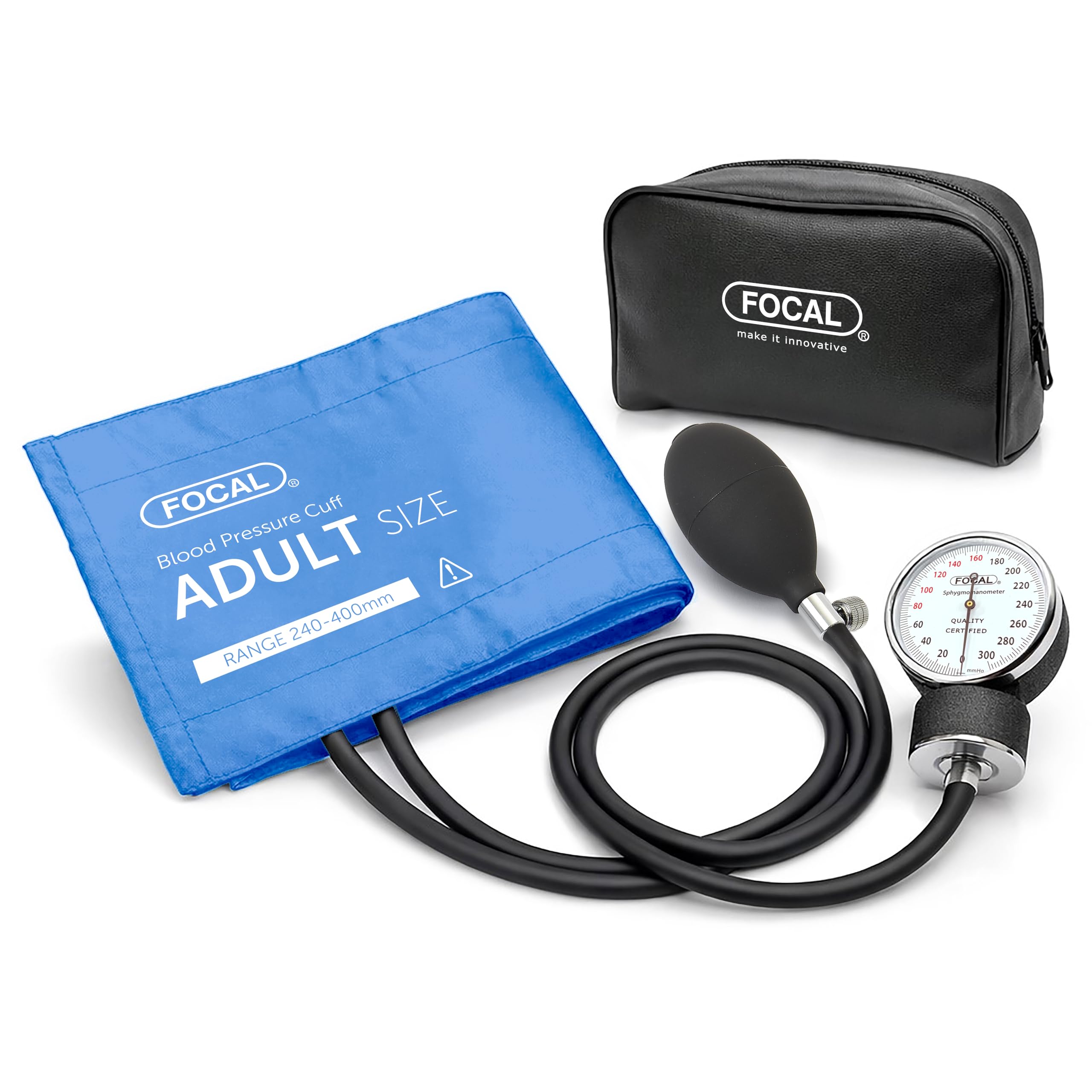 

FOCAL FC-100V Aneroid Sphygmomanometer, Nylon Cuff, Sky Blue, Latex-Free, with Carrying Case, Made in Japan