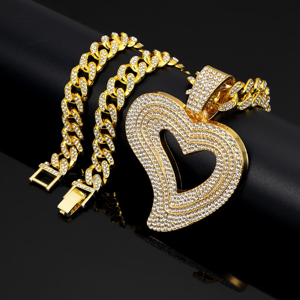 Factory New 13MM Miami Cuban Chain Irregular Love Heart Pendant Necklaces ,Hip-Hop Style Couple For Daily Wear By Men And Women