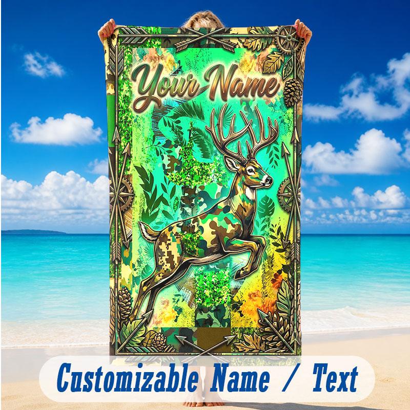 Deer Theme Beach Towel Personalized Custom Name & Text Soft Quick Dry Beach Towel for Swimming Travel