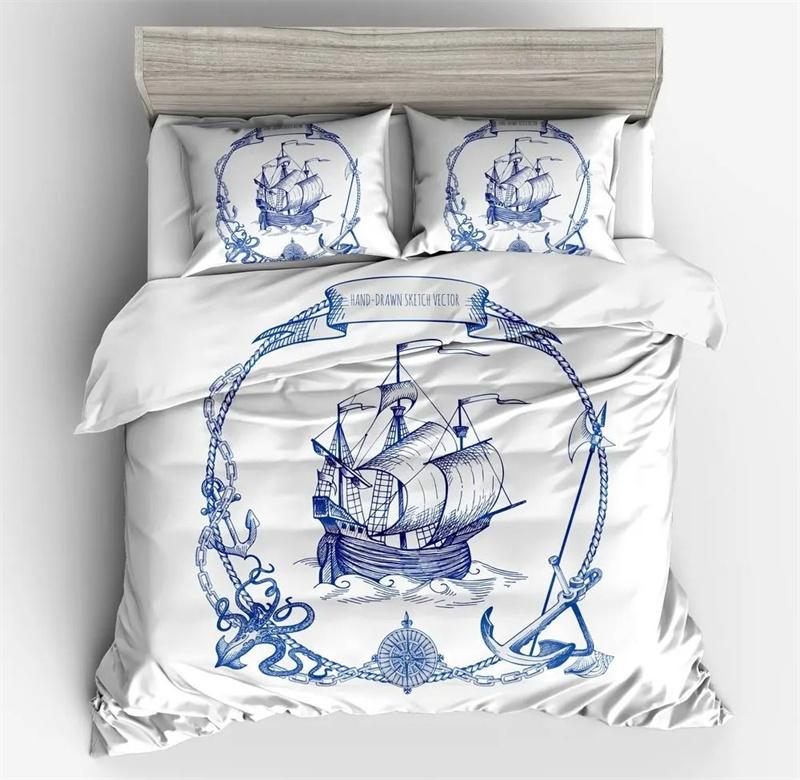 Nautical Bedding Collection Ocean Anchor Decor Duvet Cover Sailor Pirate Captain Sea Adventure Bedspread Cover For Kids Boys Navy Blue