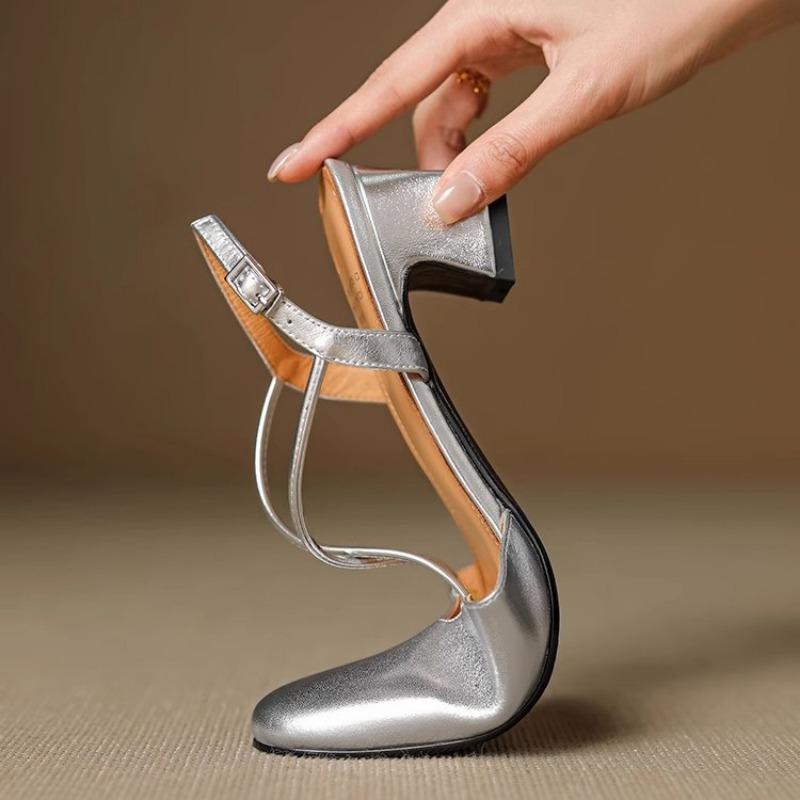 cm thick heel leather retro cross with bag head sandals women's summer temperament empty silver high heel Mary Jane single shoes