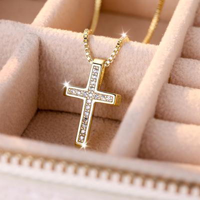 Shiny Luxury Zircon Cross Pendant Necklace for Women Men Fashion Gold Color Choker Christmas Day Jewelry Accessories Gifts