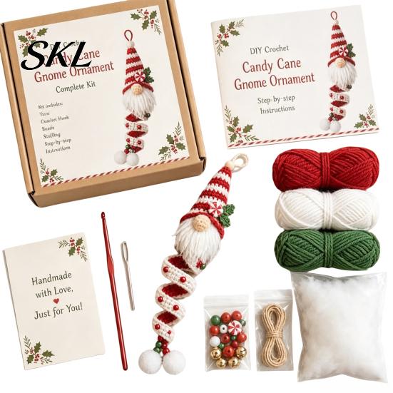 Parent Child Interaction Activities DIY Crochet Gnome Ornament Kit, Christmas Theme Soft Knitted Craft Handmade Souvenir Making Kit Set, Hanging