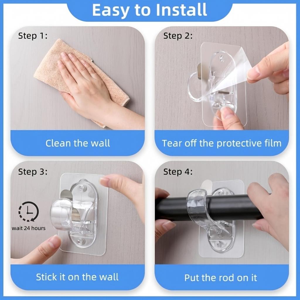 Adhesive Curtain Rod Bracket with Spring Clip Hook, for Bathroom Dorm Kitchen
