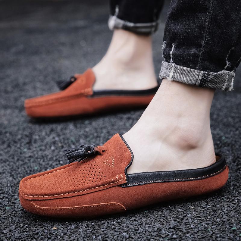Fashion Breathable Suede Leather Loafers Handmade Mens Casual Muller Shoes Size 38-47 Tassel Slip on Half Flats Handmade Male Moccasins