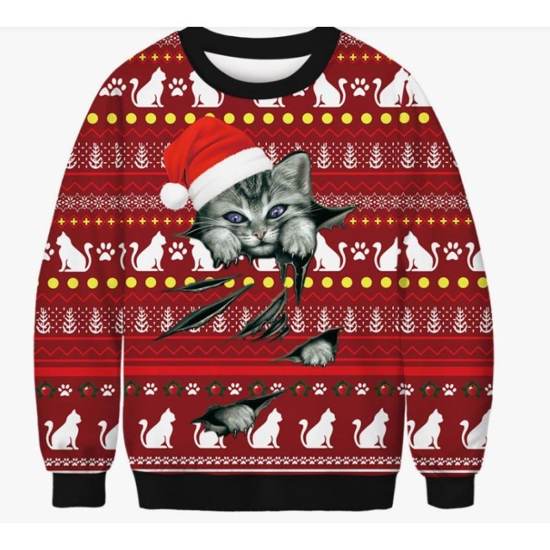 Christmas Pattern Cute Cat Dog Surroundings Autumn Winter Long Sleeved Fashionable Casual Loose Women's Pullover