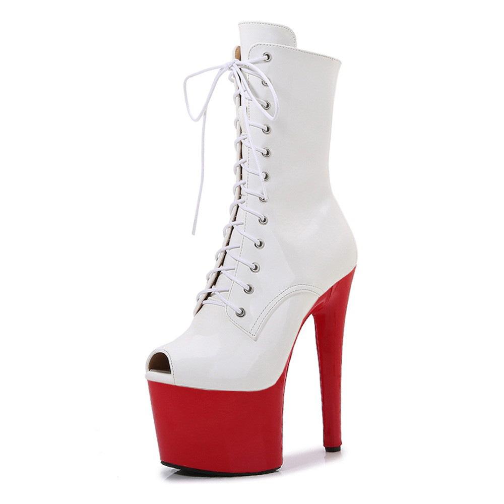 New 17cm thin heel glossy low boots sexy pole dance boots fashion catwalk super high heel dance shoes trend