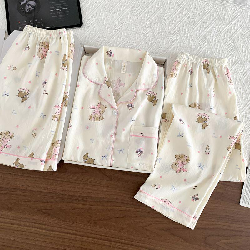 Summer Women's Three-Piece Pajama Set: Cardigan, Short Sleeve Top, Shorts, and Long Pants - Lightweight and Cute for Home or Outdoor Wear