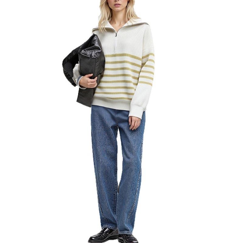 Vintage Striped Loose Commuter Half Zipper Lapel Pullover Sweater Autumn and Winter Women's New Knitted Sweater