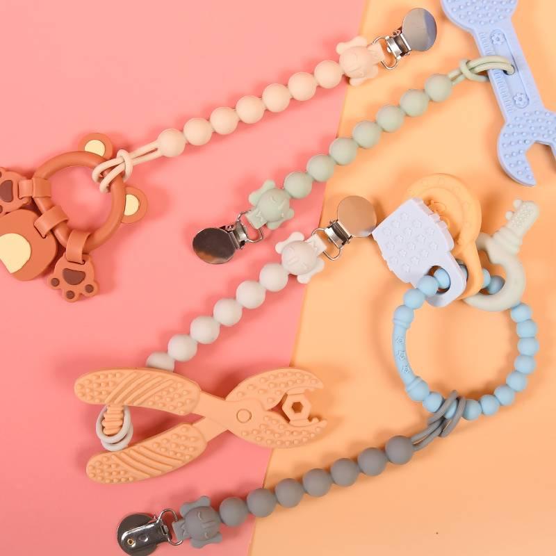 Siliconen fopspeenketting voor baby's met roestvrijstalen clip.
