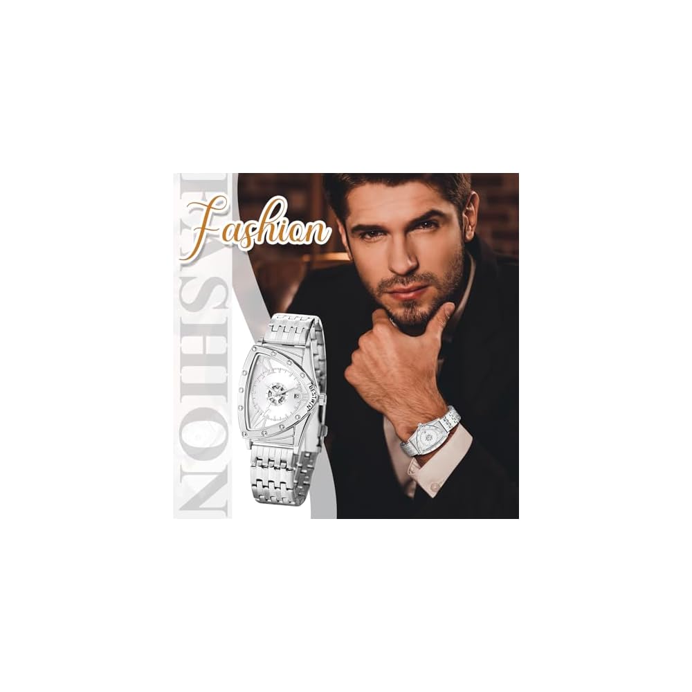 Men's Waterproof Quartz Watch Silver Case Adjustable Triangle Dial Stainless Steel Strap White Dial