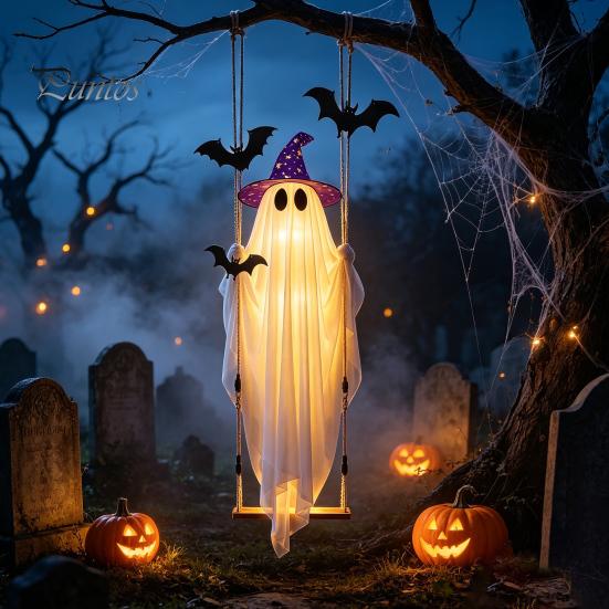 Gruselige Halloween-Außendekorationen Schwingender Geister-Hängeornament mit LED-Lichterkette zur Dekoration, Verstellbare Dekoration Süßes oder Saures Leuchtendes Ornament
