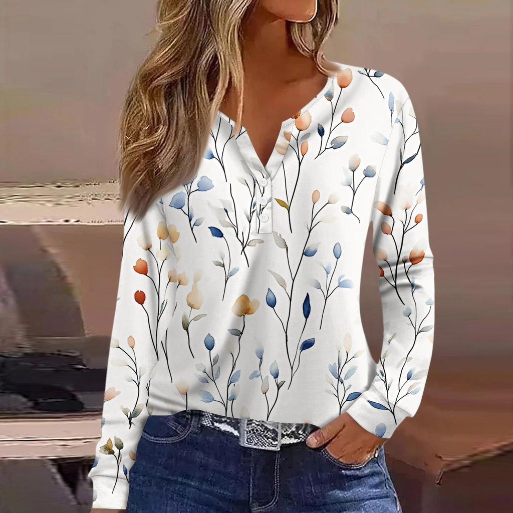 Dámské tričko Tričko Knoflíček Dlouhý rukáv Denní víkendová móda Basic Top s výstřihem do V