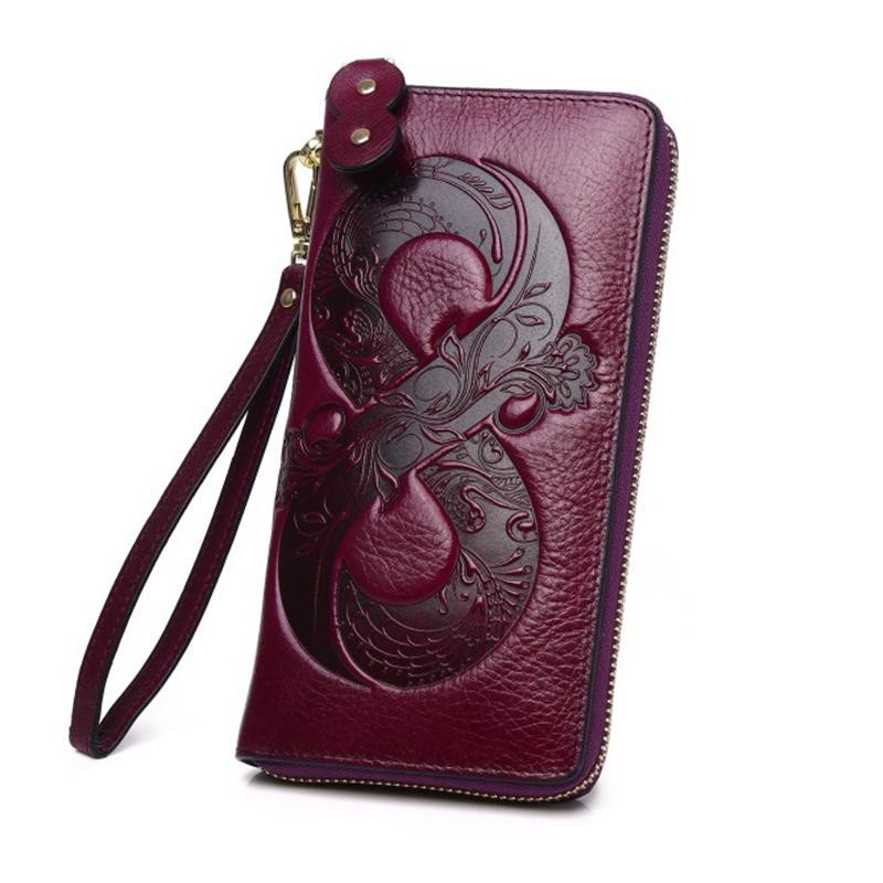 Vintage Genuine Leather Woman Wallet Floral Real Cow Leather Purse Ladies First Layer Cowhide Clutch Bag