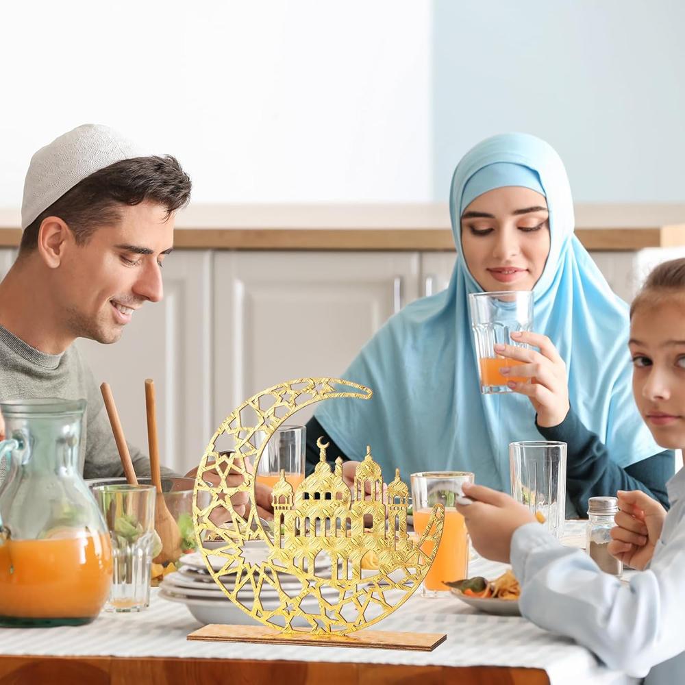 2 st Trä Ramadan Islamisk Eid Mubarak Kareem Bordskylt Måne Ihålig Stjärna Prydnad För Muslimsk Fest Dekorativa Bordsskivstillbehör