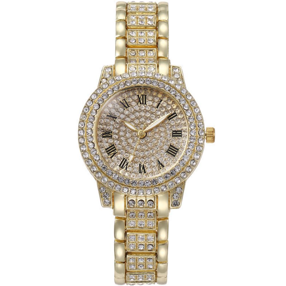 Full Diamond Roman Literary Steel Belt Watch Female Gypsy Temperament Business Quartz Watch Hip Hop Wind Full Diamond Bracelet Set