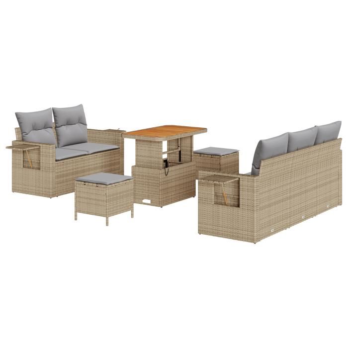 Ensemble de Canapés de Jardin 8 Pièces avec Coussins Beige Rattan Poly Acacia, Ensemble de Salle à Manger de Jardin 3 Pièces 3361692